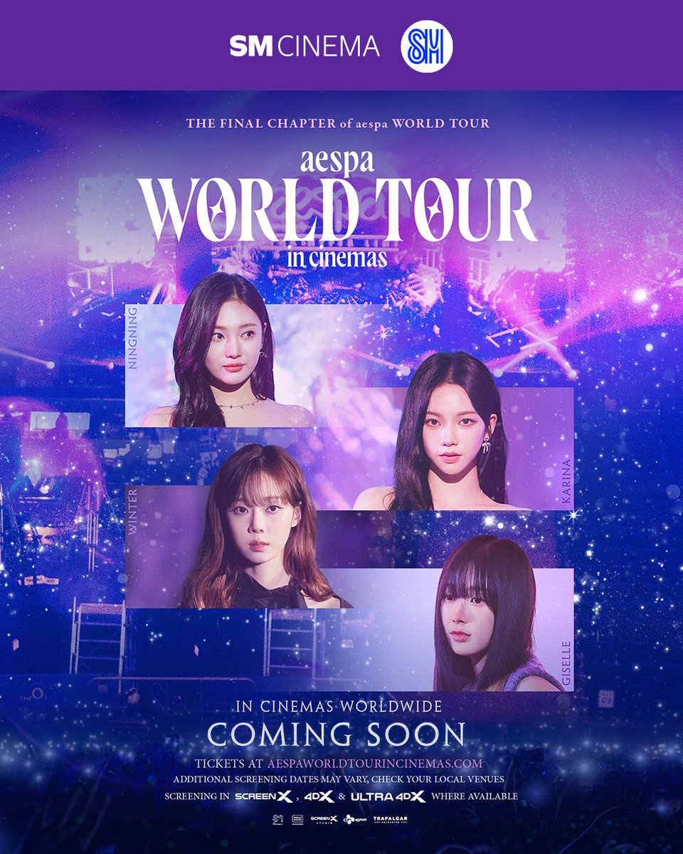 SM_Cinema's tweet image. Filo-MYs! Witness global hitmaker aespa's first concert film on the big screen 🎉🎊 

Experience "aespa: WORLD TOUR in cinemas," coming soon at SM Cinema!

Stay tuned for more details 🫶🏻 

#aespa #KARINA #GISELLE #WINTER #NINGNING #SMCinema
