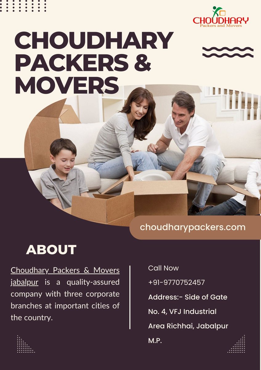 ChoudharyPacker's tweet image. Choudhary Packers and Movers jabalpur is a renowned movers and packers in Jabalpur providing prompt and reliable packing and moving services at competitive prices. 
+91-9770752457
choudharypackers.com
#packersandmovers #packersandmoversjabalpur #choudharypackersandmovers