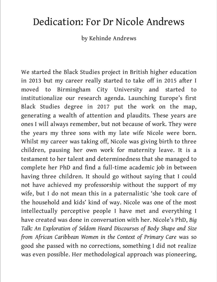 kehinde_andrews's tweet photo. Two years ago we lost my wife Dr Nicole Andrews to a breast cancer that is 3x more likely to kill Black women. Her work was important and inspiring; she decided the concept 'Blackness is the roundabout'. On this day I share my dedication to her in #BlacknessAtTheIntersection https://t.co/uQm2Ys2bMB