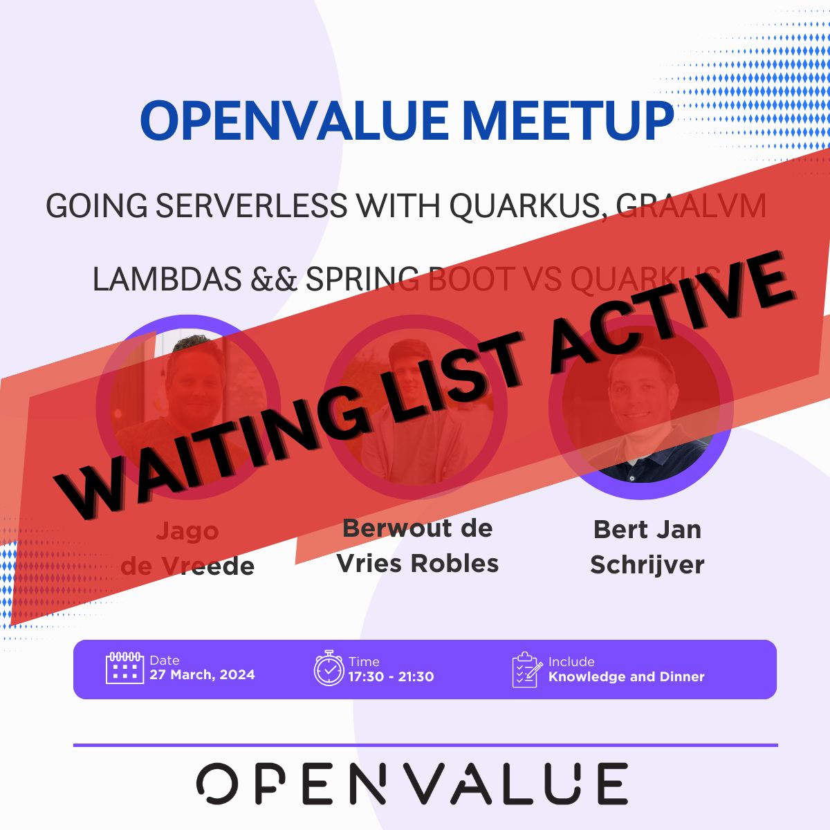 OpenValue's tweet image. Our March 27 Java meetup in Utrecht is fully booked! Join the waiting list for a chance to dive into Spring Boot vs Quarkus battles &amp;amp; serverless with Quarkus. Don&apos;t miss next time! buff.ly/3Vaut1I #OpenValue #Meetup