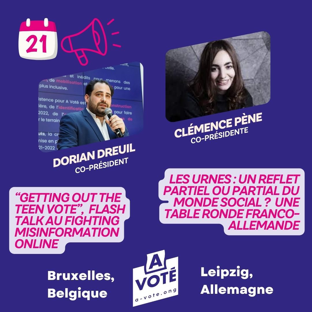 A Voté 🗳 (@avote_ong) on Twitter photo 📍🗳️🇪🇺 A Voté parle à l’Europe aujourd’hui : <a href="/ClemencePene/">Clémence Pène</a> sera à Leipzig en Allemagne et <a href="/DDreuil/">Dorian Dreuil</a> à Bruxelles en Belgique pour présenter nos actions & campagnes pour défendre le progrès démocratique !
🚆 Une co-présidence en vadrouille en train bien sûr ! #ElectionsEuropéennes 📍🗳️🇪🇺 A Voté parle à l’Europe aujourd’hui : <a href="/ClemencePene/">Clémence Pène</a> sera à Leipzig en Allemagne et <a href="/DDreuil/">Dorian Dreuil</a> à Bruxelles en Belgique pour présenter nos actions & campagnes pour défendre le progrès démocratique !
🚆 Une co-présidence en vadrouille en train bien sûr ! #ElectionsEuropéennes