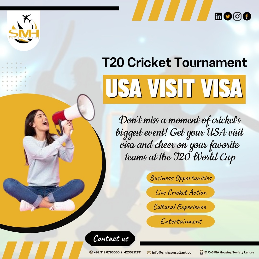 From wickets to wonders – grab your USA visit visa and witness cricketing brilliance in the heart of America! 🏟️🌟 #USACricketFever #VisaAdventure

Contact us for more info:

+92 319 6795050 / 4235211291

info@smhconsultant.co

51 C-3 PIA Housing Society Lahore