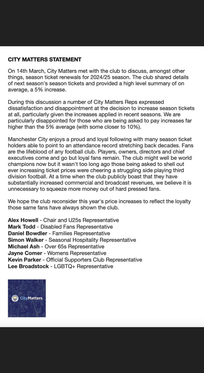 citymattersreps's tweet photo. City Matters Statement re. Season Ticket Price increases https://t.co/u55uLC1hUm