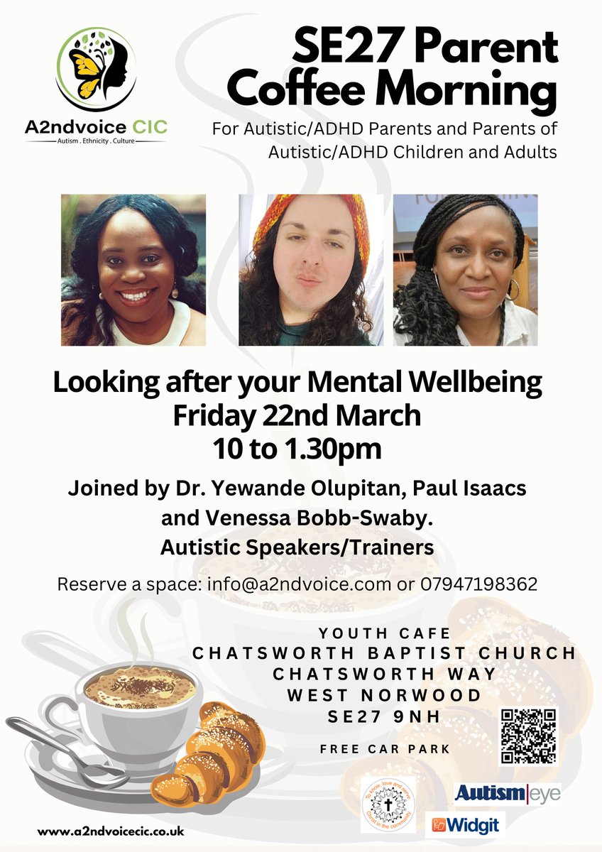 SE27 Parent Coffee Morning for #autistic #ADHD Parents and Parents of Autistic Children and Adults. 22.3.24 10 - 1.30pm Chatsworth Baptist Church Hall Experiencing mental exhaustion rather than mental illness, late diagnosed and given wrong advice? a2ndvoice.pembee.app/activity/65f01…