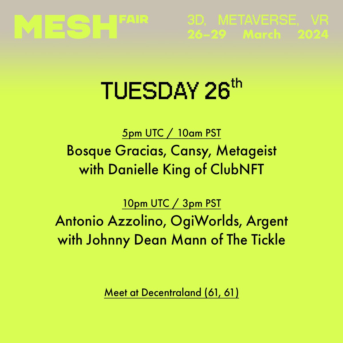 Join us next week for exclusive LIVE talks with major artists, galleries and curators. 

Meet us virtually @Decentraland (61, 61) - you don't need a headset, just enter via the link below.  

📍Add all talks to your calendar in your own timezone here: calendar.google.com/calendar/u/5?c…