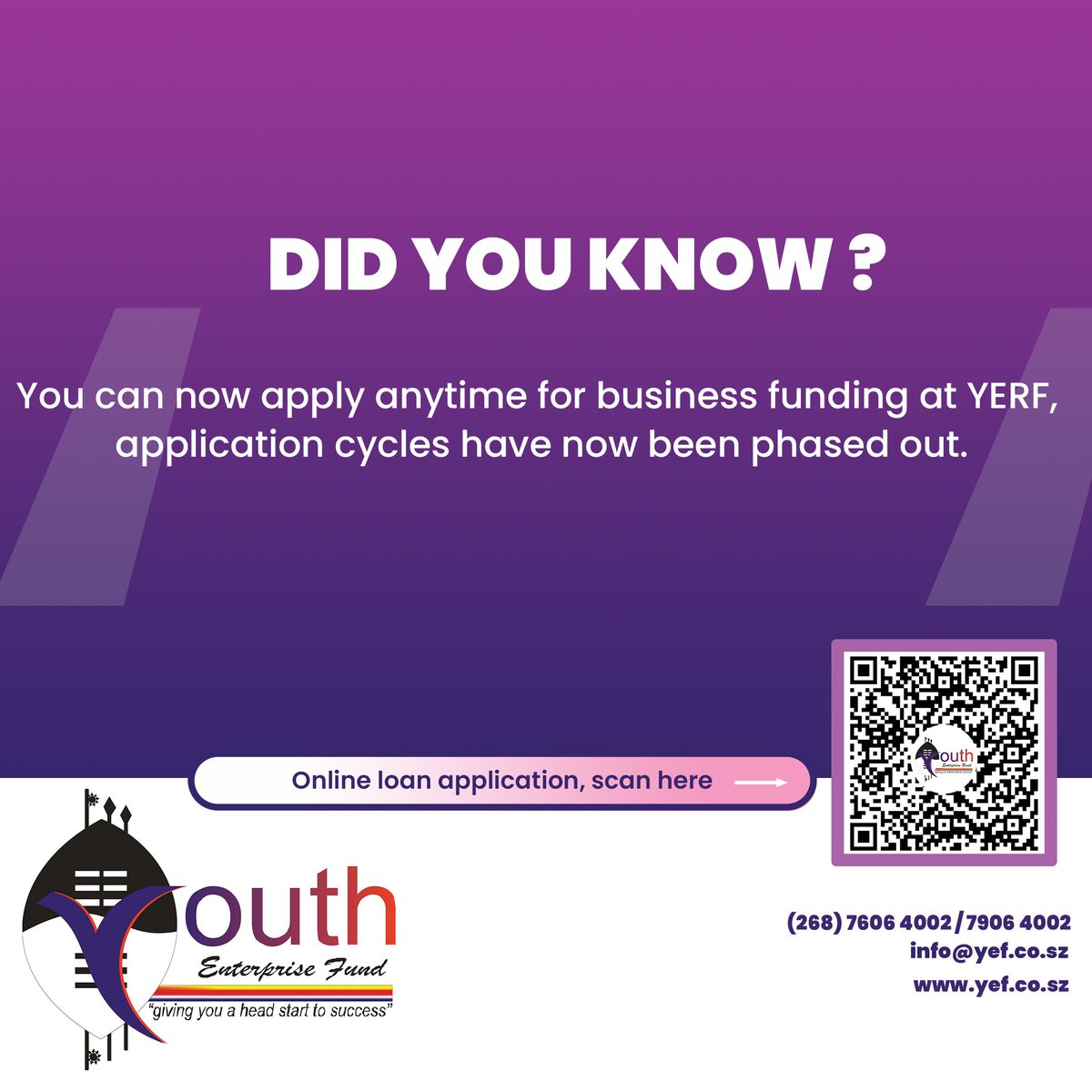 Did You Know?? 🇸🇿🇸🇿
 
YERF used to accept applications on specific periods, leading to many youth entrepreneurs missing deadlines, so cycles were phased out to increase flexibility. 

#youthfund 
#youthentrepreneurship 
#fundingopportunities