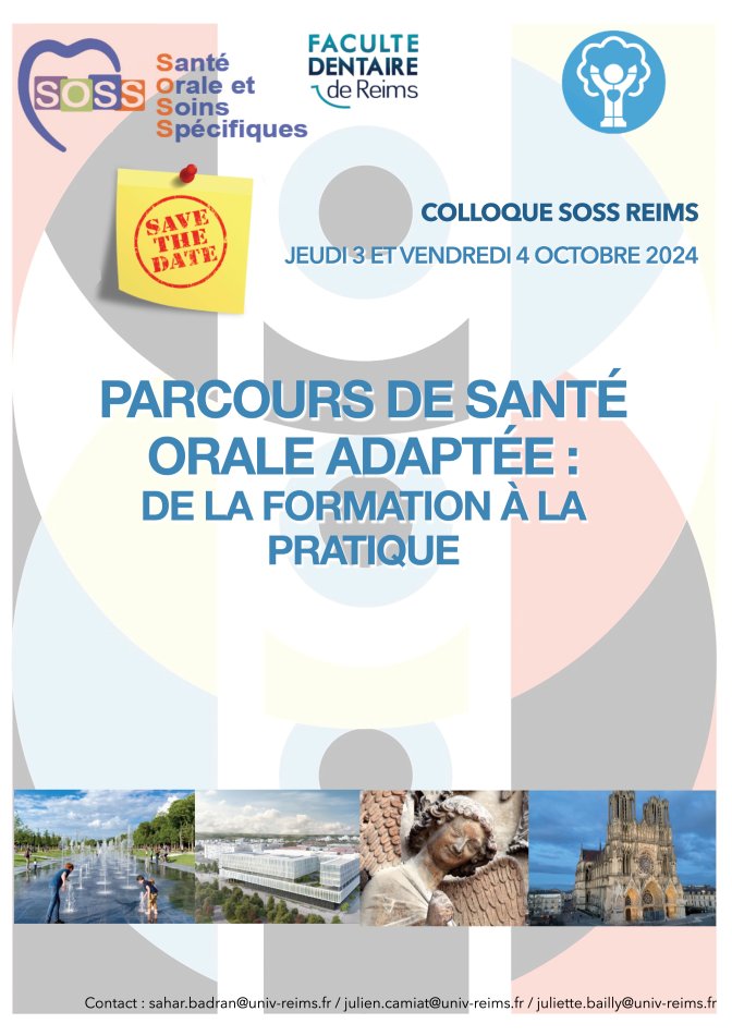 🚨 SAVE THE DATE! 🚨

Le prochain colloque SOSS aura lieu les 3 et 4 octobre 2024 à Reims! 
<a href="/universitereims/">Université de Reims Champagne-Ardenne</a> <a href="/CHUdeReims/">CHU de Reims</a>
Notez bien les dates de ce RDV dans vos agendas.... Et suivez nous pour plus d'informations!
#Handicap #Sante #dentist #médicocsociaux #usagers #formation