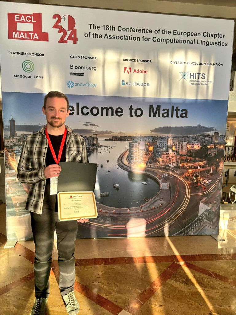 Angus Addlesee (@addlesee_ai) on Twitter photo I am delighted to announce that we won the "Best Demo Award" at #EACL2024 š
It can be found here: aclanthology.org/2024.eacl-demoā¦
Thanks <a href="/eaclmeeting/">eaclmeeting</a>!
Authors: <a href="/Addlesee_AI/">Angus Addlesee</a>, <a href="/n_cherakara/">Neeraj Cherakara</a>, Nivan Nelson, <a href="/d_hgarcia/">Daniel HernĆ”ndez G</a>, <a href="/nagunson/">Nancie Gunson</a>, Weronika SieiÅska, <a href="/cdondrup/">Christian Dondrup</a> and <a href="/oliverlemon/">Oliver Lemon</a>
<a href="/iLab_hwu/">Interaction Lab</a> I am delighted to announce that we won the "Best Demo Award" at #EACL2024 š
It can be found here: aclanthology.org/2024.eacl-demoā¦
Thanks <a href="/eaclmeeting/">eaclmeeting</a>!
Authors: <a href="/Addlesee_AI/">Angus Addlesee</a>, <a href="/n_cherakara/">Neeraj Cherakara</a>, Nivan Nelson, <a href="/d_hgarcia/">Daniel HernĆ”ndez G</a>, <a href="/nagunson/">Nancie Gunson</a>, Weronika SieiÅska, <a href="/cdondrup/">Christian Dondrup</a> and <a href="/oliverlemon/">Oliver Lemon</a>
<a href="/iLab_hwu/">Interaction Lab</a>