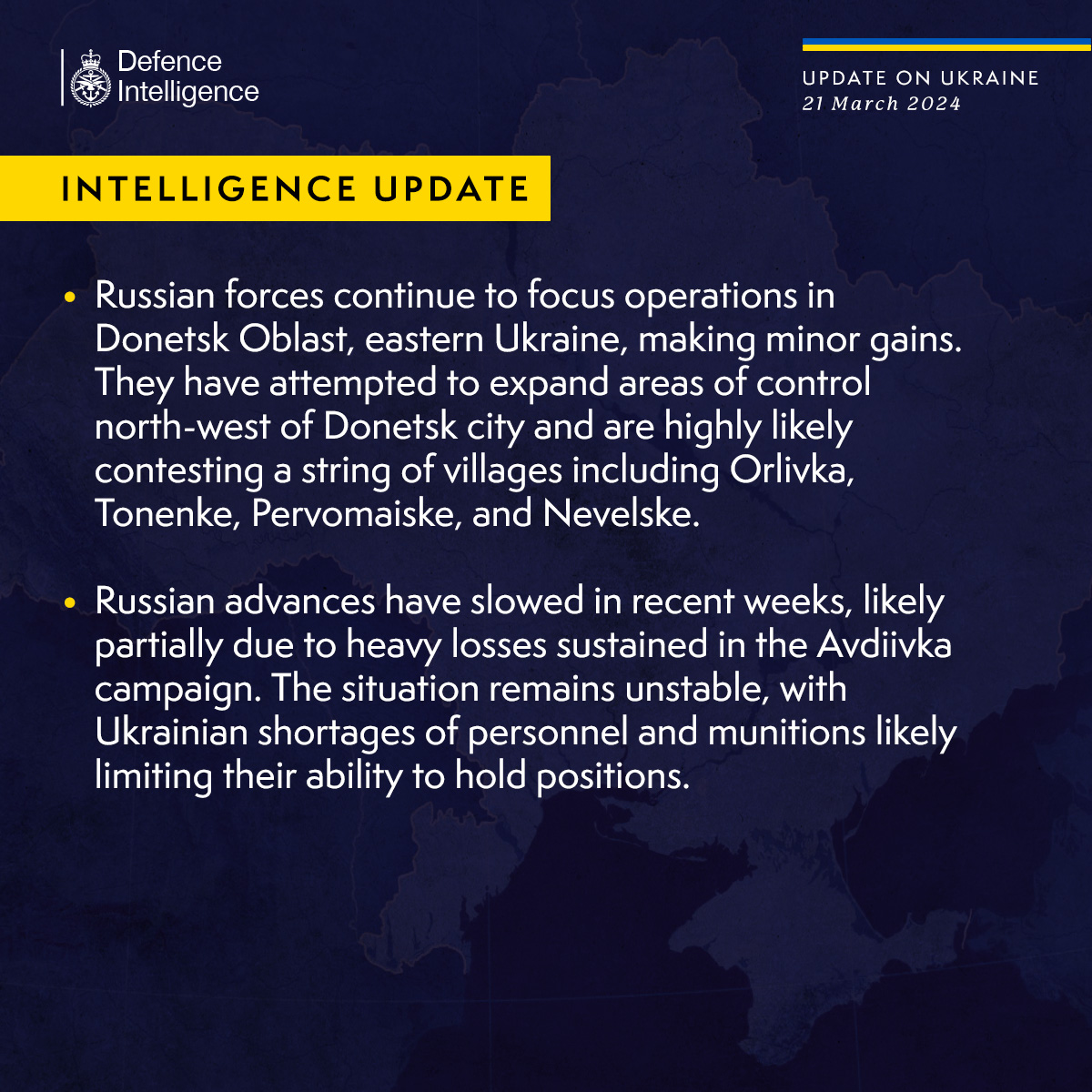 Latest Defence Intelligence update on the situation in Ukraine – 21 March 2024. Find out more about Defence Intelligence's use of language: ow.ly/KShQ50QV6cT #StandWithUkraine 🇺🇦