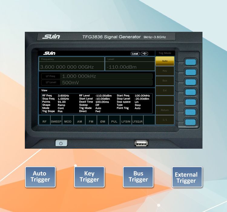 suinInstruments's tweet image. To meet different test requirements, TFG3836 equipped with several trigger modes: Auto,Key,Bus and External.Besides,this generator also have higher accuracy,multiple modulation,such as:AM FM PM,Phase Modulation.If you are searching for RF #signalgenerator,welcome to inquiry.