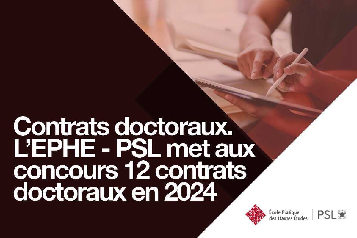 EPHE_PSL's tweet photo. 🤝 L’@ephe_psl met aux concours 12 contrats doctoraux en 2024 

Le #contratdoctoral permet au doctorant de se consacrer pleinement à ses travaux de recherche pour la préparation de sa thèse

⏰ Avant le 12 mai 
👉 https://t.co/Ze8a0Uz3jz https://t.co/q4WoCvW3Yv