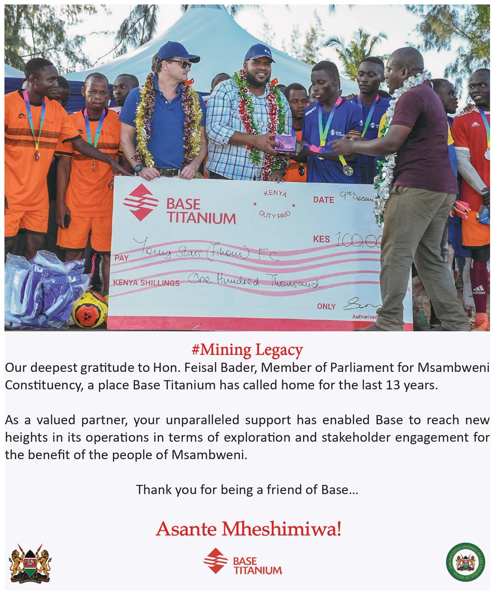 Our deepest gratitude to Hon. Feisal Bader, Member of Parliament for Msambweni Constituency, a place Base Titanium has called home for the last 13 years. 

#Mininglegacy #Mining #Mineralsands #Msambweni #Servingourcommunity