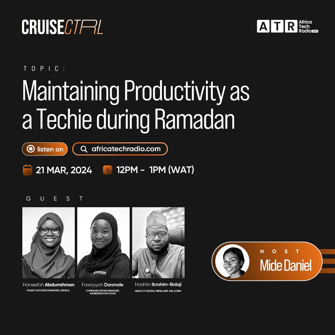 I will be on Africa Tech Radio 12pm today, discussing 'Maintaining Productivity as a Techie during Ramadan. Please join us !
