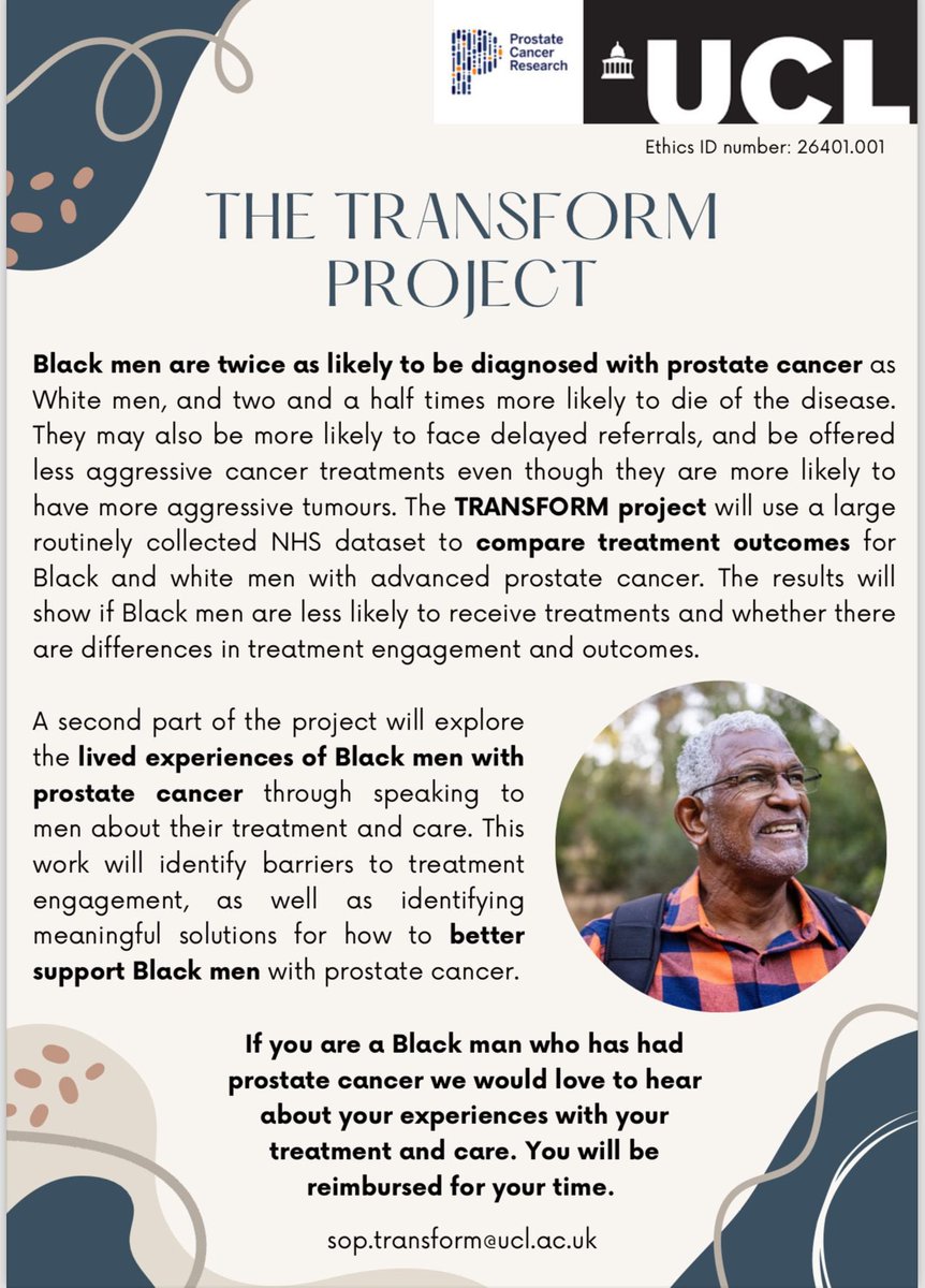 Please share this post to raise awareness of the TRANSFORM project among black men with experience of prostate cancer ⚫️🟤 #prostatecancer