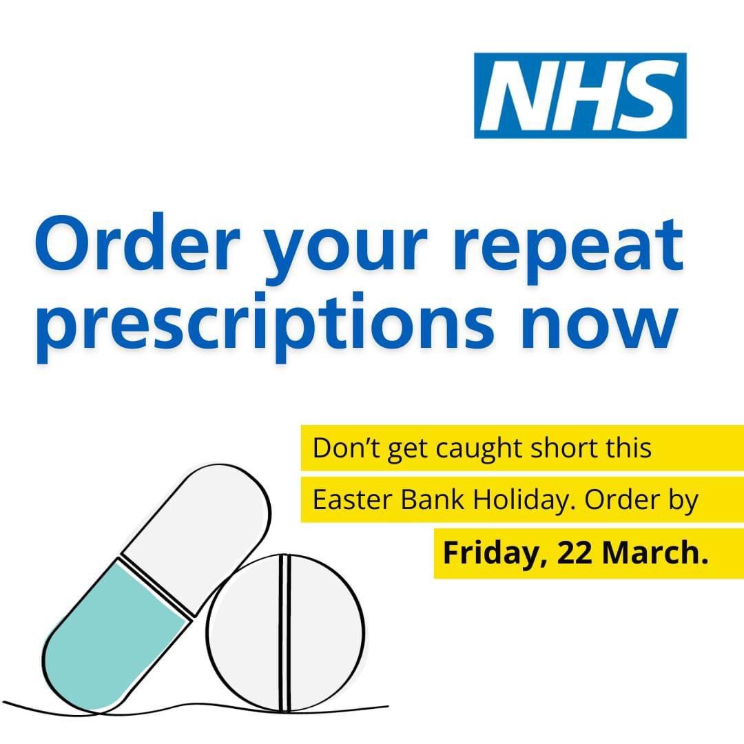 💊 Here’s your reminder to order your repeat prescriptions in plenty of time before the Easter weekend! 🐣 

Our surgeries will be closed Friday 29th March – Monday 1st April. Please ensure that you place any prescription requests in plenty of time to ensure you don’t go without!