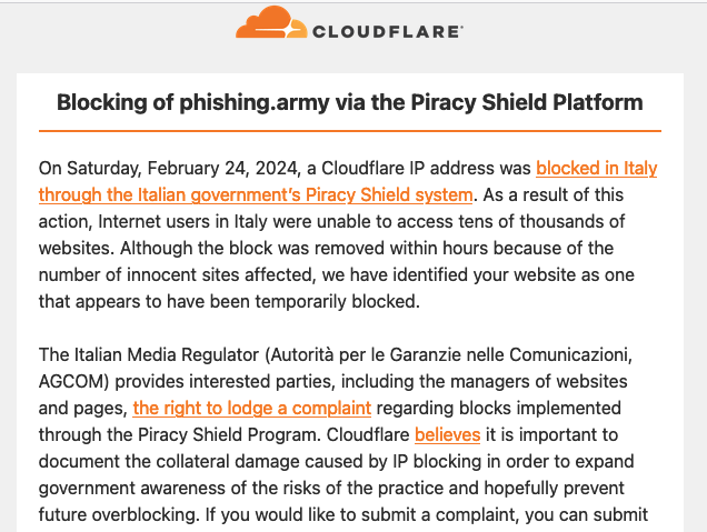 CloudFlare mi ha informato che il mio progetto <a href="/PhishingArmy/">Phishing Army</a> è stato oscurato dalla piattaforma anti pirateria #PiracyShield!

#PhishingArmy è un progetto che mensilmente protegge 500mila utenti dal #phishing!

Per interessi privati, #calcio, mettiamo a repentaglio gli utenti! 🤦‍♂️