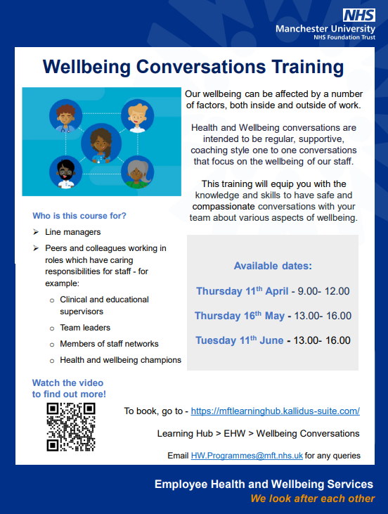 Wellbeing Conversations training will help equip you with the knowledge &amp; skills to have safe, compassionate conversations with your colleagues about various aspects of wellbeing.
Join one of our upcoming training dates by booking via the learning hub - mftlearninghub.kallidus-suite.com