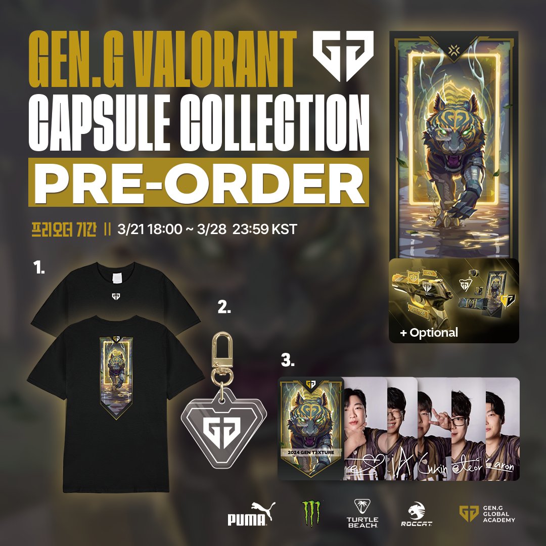 Our Gen.G VALORANT goods are officially open for pre-order! ✨ Check out the new merch & grab your favs on our online shop 🛒! 🔗 gengshop.com 👑 𝑮𝑬𝑵.𝑮 𝑽𝑨𝑳𝑶𝑹𝑨𝑵𝑻 𝑪𝑨𝑷𝑺𝑼𝑳𝑬 𝑪𝑶𝑳𝑳𝑬𝑪𝑻𝑰𝑶𝑵 👑 1⃣ GOAT GEN.G VAL Tee 2⃣ GOAT GEN.G VAL Buddy Keyring 3⃣