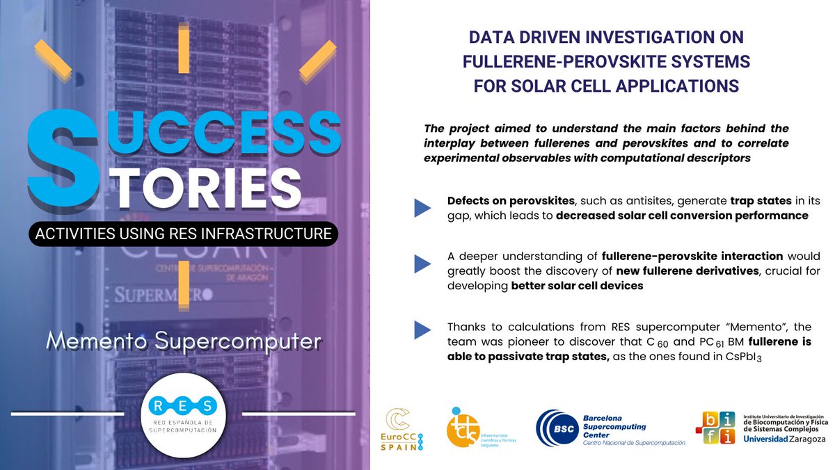 💡A new week, a new RES Success Story we are thrilled to share!💡 📋'Data Driven Investigation on Fullerene-Perovskite systems for solar cell applications' led by @miquelsola from @IQCCUdG #Memento @bifi_unizar @unizar #REStories #ICTSNews #chemistry @EuroCC_SpainRES