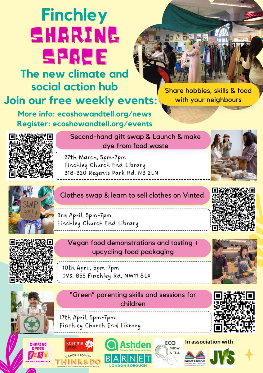 Our #Finchley Sharing Space's event programme is coming together nicely, check out ecoshowandtell.org/events to book your FREE tickets and see what's coming up. Thank you @ThinkDoCamden @Ashden_org @KusumaTrustUK @BarnetCouncil @BarnetLibraries for your brilliant support!