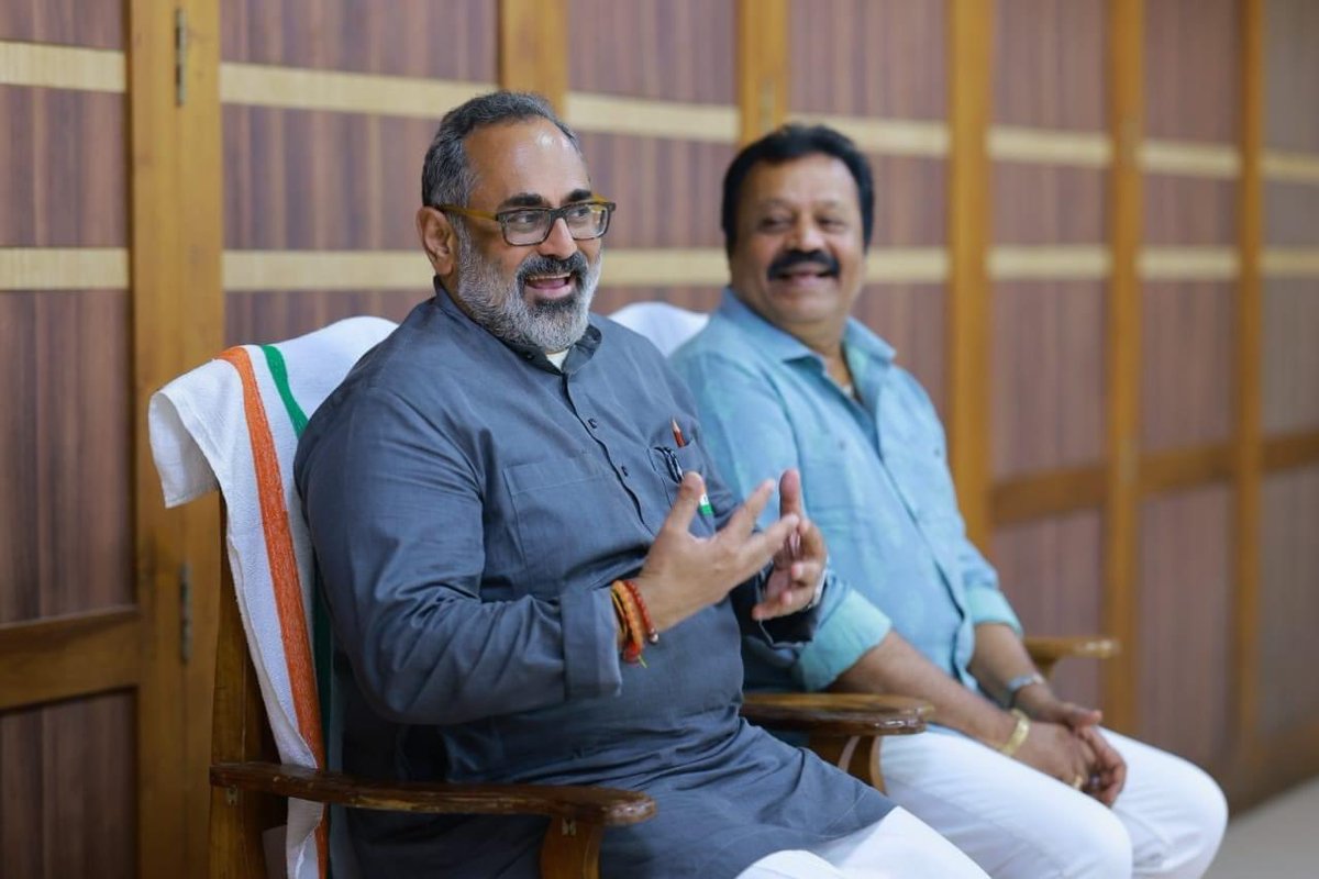 Here's a picture of two Kerala's BJP MPs from Thrissur and Thiruvananthapuram in Modi 3.0 Cabinet. #AbkiBaar400Paar #SG4Thrissur #Rajeev4TVM