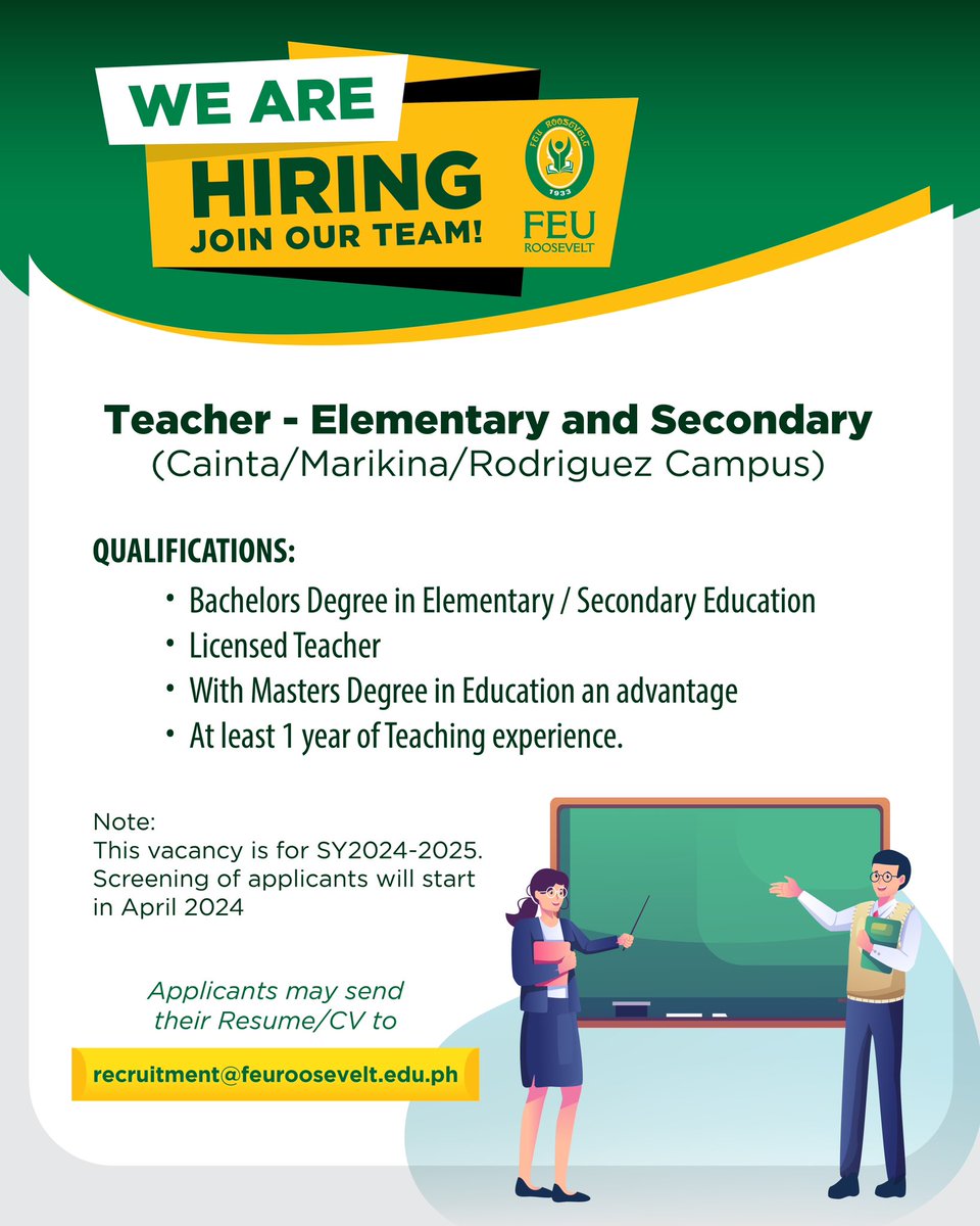 FEURooseveltRod's tweet photo. WE ARE HIRING!

Be part of FEU Roosevelt community.

FEU Roosevelt is currently looking for applicants 

Kindly submit your CVs to 
recruitment@feuroosevelt.edu.ph https://t.co/90ycHnANMA