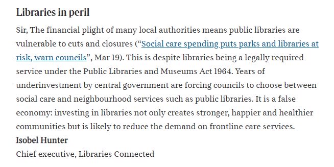 “Investing in libraries not only creates stronger, happier and healthier communities but is likely to reduce the demand on frontline care services.” My letter to ⁦@thetimes⁩ today