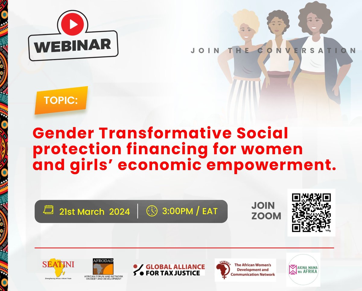 🗓️ Join us this afternoon for an extensive conversation about Gender Transformative Social Protection Financing for Women and Girls' Economic Empowerment.

🕒 3:00pm EAT 

Register here ➡️bit.ly/3vl27qV

#Femonomics #TaxFairly4care
