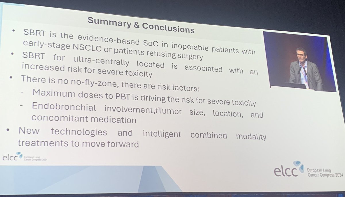 ⁦@Mat_Guc⁩ challenged the concept of the ‘no fly zone’ in early stage NSCLC treated with SABR #ELCC24 Should we move away from anatomical definitions and focus on safe doses deliverable to OAR?