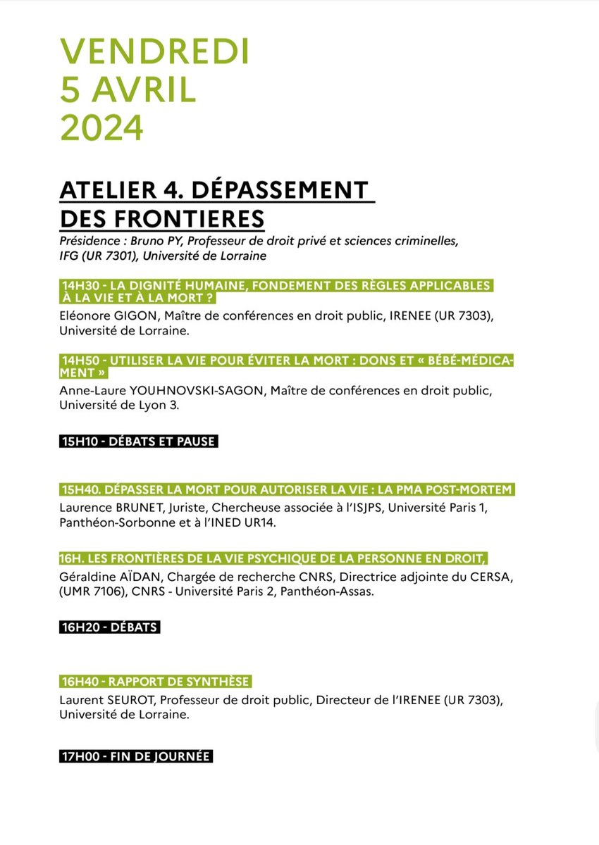 🚨🚨 Le programme sur le colloque relatif aux frontières de la vie et de la mort  est dévoilé ! 👀 

📅 4 et 5 avril 2024

🏦 Faculté de Droit de Nancy

A VOS AGENDAS 👏 

Lien d'inscription : irenee.univ-lorraine.fr/fr/4-et-5-avri…