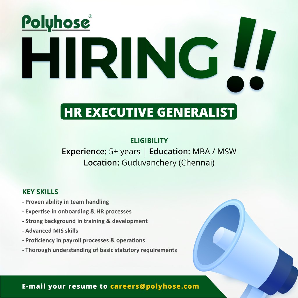 WE ARE HIRING | #WorkwithPolyhose

Polyhose is looking for an experienced 𝗛𝗥 𝗘𝗫𝗘𝗖𝗨𝗧𝗜𝗩𝗘 𝗚𝗘𝗡𝗘𝗥𝗔𝗟𝗜𝗦𝗧 to make valuable contributions to our organization. Join us today and be part of an exciting journey! 

#HRjobs #NowHiring #Polyhose #HR