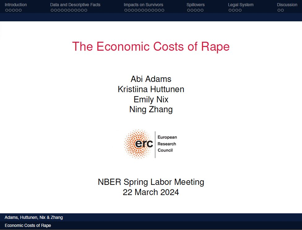 Abi Adams (@abicadams) on Twitter photo Heading to <a href="/nberpubs/">NBER</a> Labor meeting to present new work with <a href="/KristiinaHuttu2/">Kristiina Huttunen</a> <a href="/EmilyNix100/">Emily Nix</a> <a href="/ningzhang0927/">Ning Zhang</a> on the economic & mental health impacts of rape
Why study the economic impact of rape? Isn't acknowledging the moral awfulness of the crime sufficient? 1/n Heading to <a href="/nberpubs/">NBER</a> Labor meeting to present new work with <a href="/KristiinaHuttu2/">Kristiina Huttunen</a> <a href="/EmilyNix100/">Emily Nix</a> <a href="/ningzhang0927/">Ning Zhang</a> on the economic & mental health impacts of rape
Why study the economic impact of rape? Isn't acknowledging the moral awfulness of the crime sufficient? 1/n