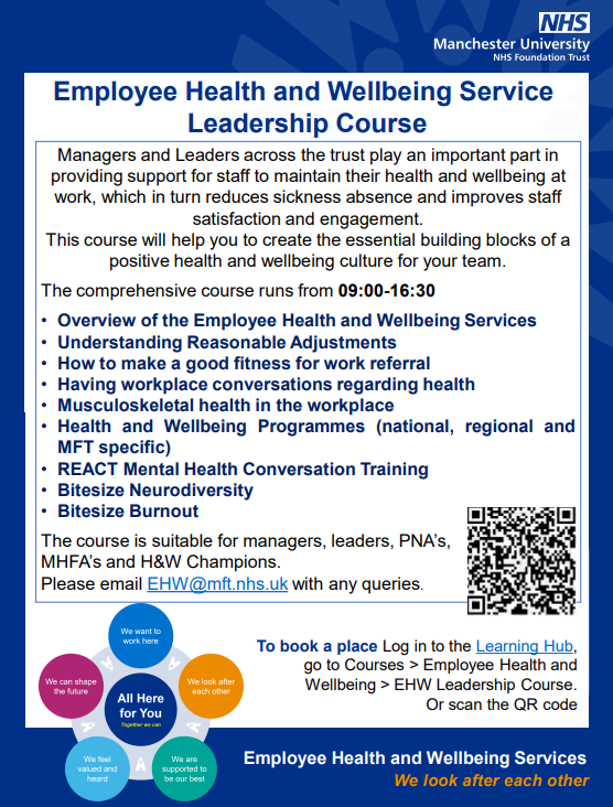 📢Spaces still available for our upcoming EHW Leadership Course.
When: Thurs 28th March 9am - 4:30pm
Where: Virtual via Teams
Check out the poster for more info and book via the learning hub - mftlearninghub.kallidus-suite.com