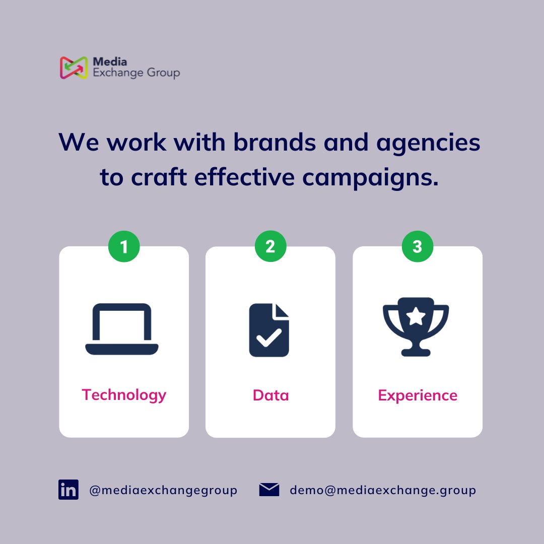 Media Exchange Group goes beyond being a service provider, acting as a strategic partner. We leverage cutting-edge technology, rich data insights, and extensive experience to drive meaningful results. 📊 

#Media #AdTech #Marketing #MediaExchangeGroup