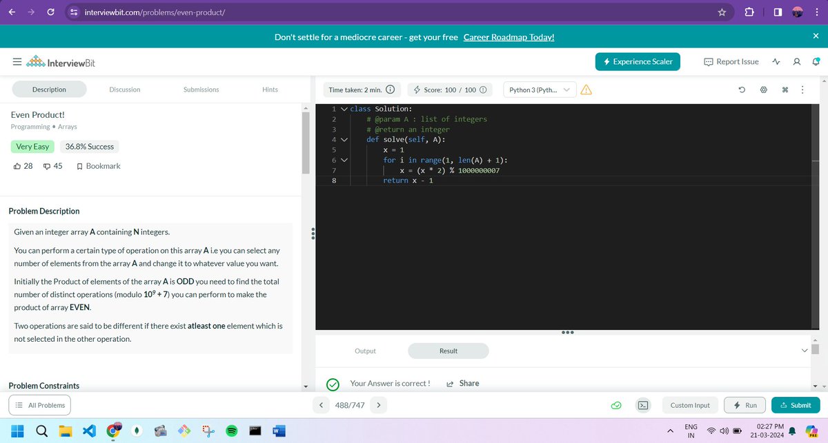 Shalinis_134's tweet photo. Hello everyone, I have completed #Day080 of #365DaysofCode Challenge with @scaler_official
Today I solved the question - Even Product! in Python. Scaler discord community link:- https://t.co/h4fYRCN2T9 #365DaysOfCode #scalerdiscordcommunity @Scaler_official https://t.co/DKtaubtHFt