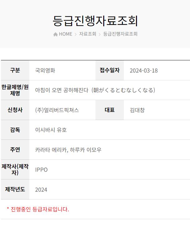 카라타 에리카 <아침이 오면 공허해진다> 개봉 준비 등급 심의 중 회사를 그만두고 편의점 알바 중인 노조미. 부모님껜 아직 퇴사 사실을 못 알렸다....