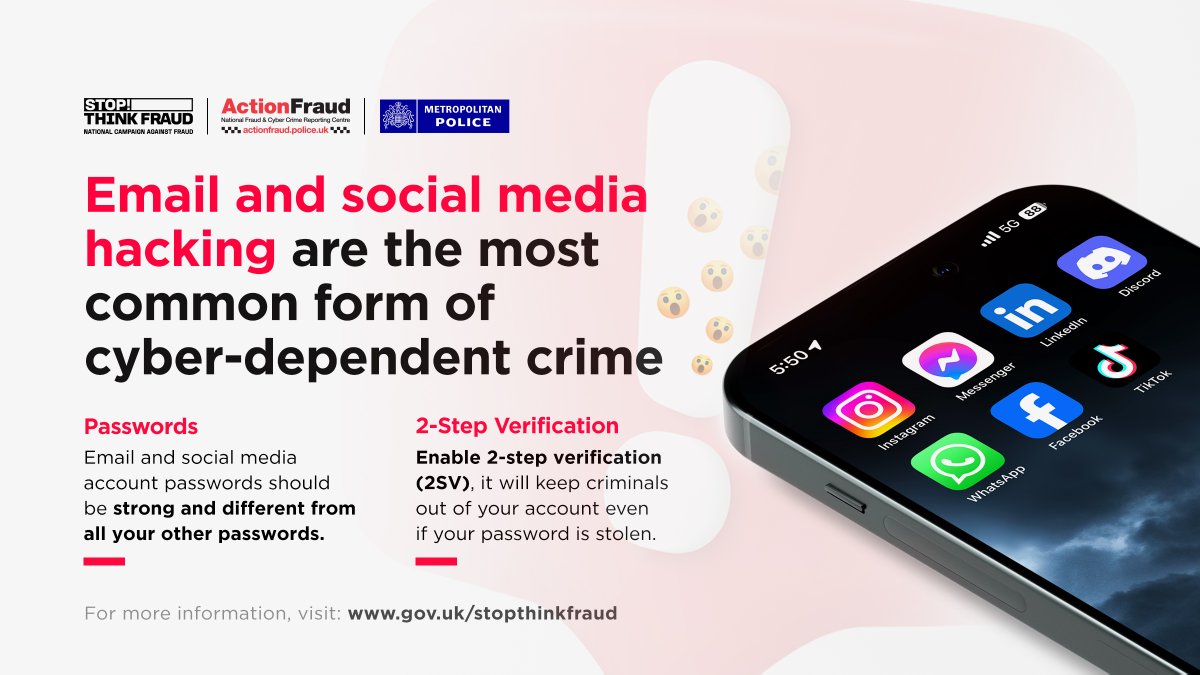🚨 Online account hacking is the most commonly reported cyber-crime in the UK. Keep the hackers out! ✅ Passwords should be strong and different from all your other passwords. ✅ Enable 2-step verification (2SV) Find out more: stopthinkfraud.campaign.gov.uk/protect-yourse… #TurnOn2SV #CyberProtect