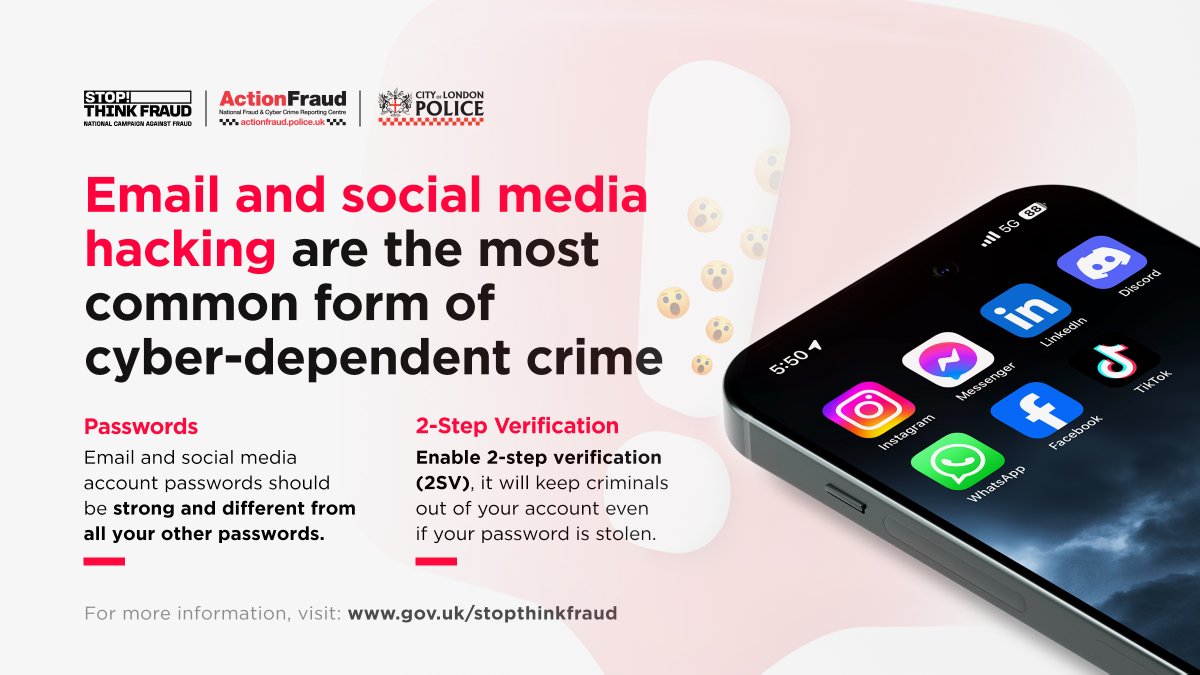 🚨 Email and social media account hacking is the most commonly reported cyber-dependent crime in the UK. Want to keep the hackers out? 🔐 ✅ Email and social media passwords should be strong & unique. ✅ Enable 2-step verification (2SV). 👉 ow.ly/AJrn50QT0jI #TurnOn2SV