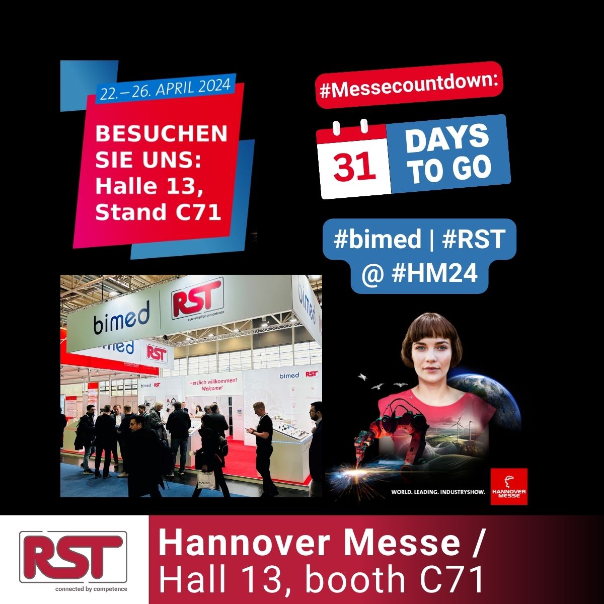 Wir sind wieder dabei: 
Besucht #RST & #Bimed auf der @hannover_messe vom 22.-26. April 2024 in #Halle13 „Energy Solutions“ an #StandC71: ow.ly/J4RW50QS8k8

#energymanagement #energysolutions #industrialtransformation #hannovermesse #HM24

RST – connected by competence