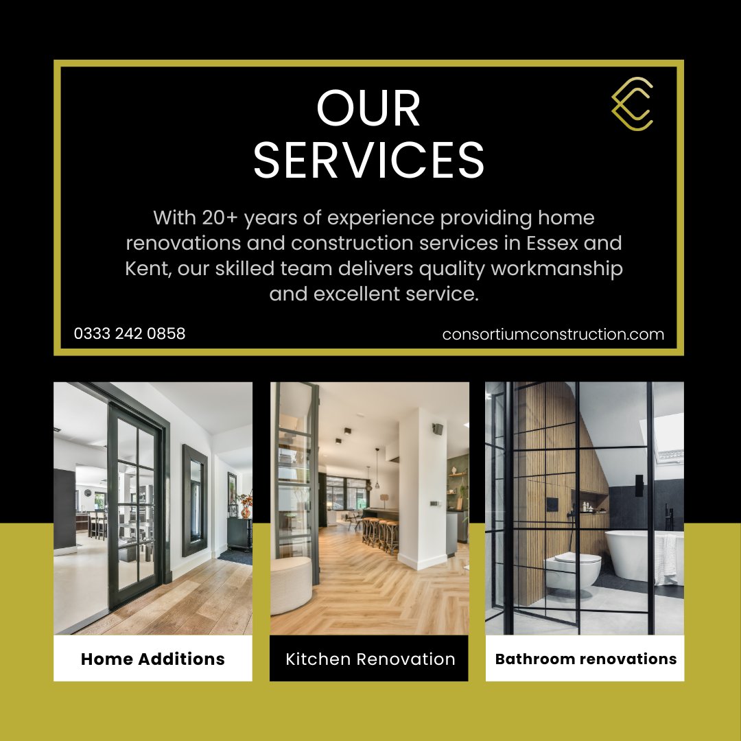 With 20+ years of experience, we're the go-to for home renovations & construction in Essex and Kent.

03332420858 
contact@consortiumconstruction.com

#Renovation #Craftsmanship #QualityService #ConstructionExpert #QualityCraftsmanship #ProfessionalRenovation #BuildingExcellence