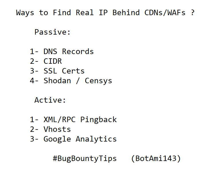 ⛔️Bug Bounty Tips 🔴 ⛔️Find Real IP Behind CDNs/WAFs ?🔴 #bugbountytips #bugbounty #bugbountytip #InfoSec #DataProtection #ThreatAlert #NetworkSecurity #CyberAttacks #CVEs #CyberThreats #SecurityFlaws #ITSecurity #ZeroDay #DataBreach #Hacking #Hacked #hackers #waf #cdn