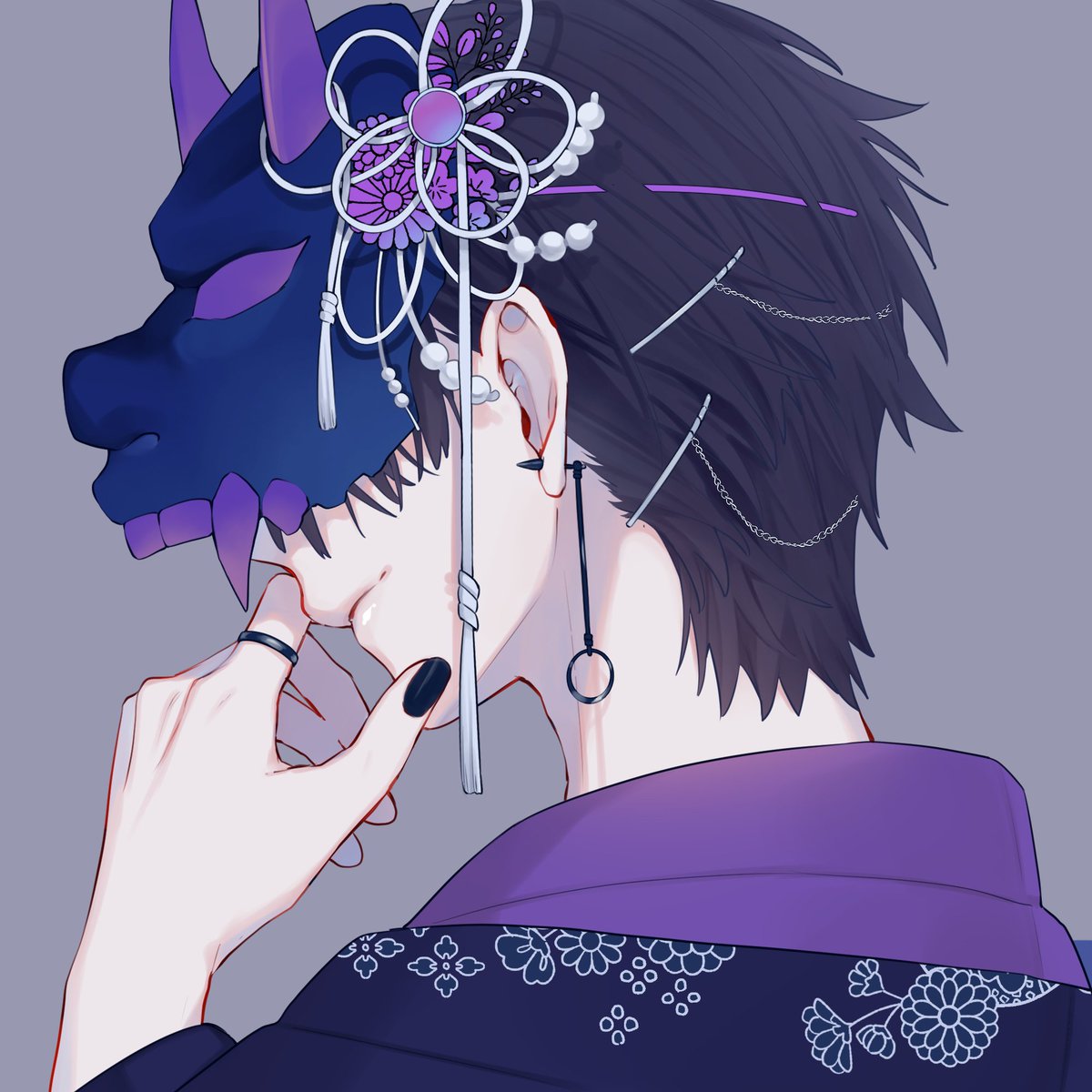 ﾌｫﾛﾜｰ1万人突破記念🎉 和風の男の子と女の子の鬼面 フリーアイコン描き