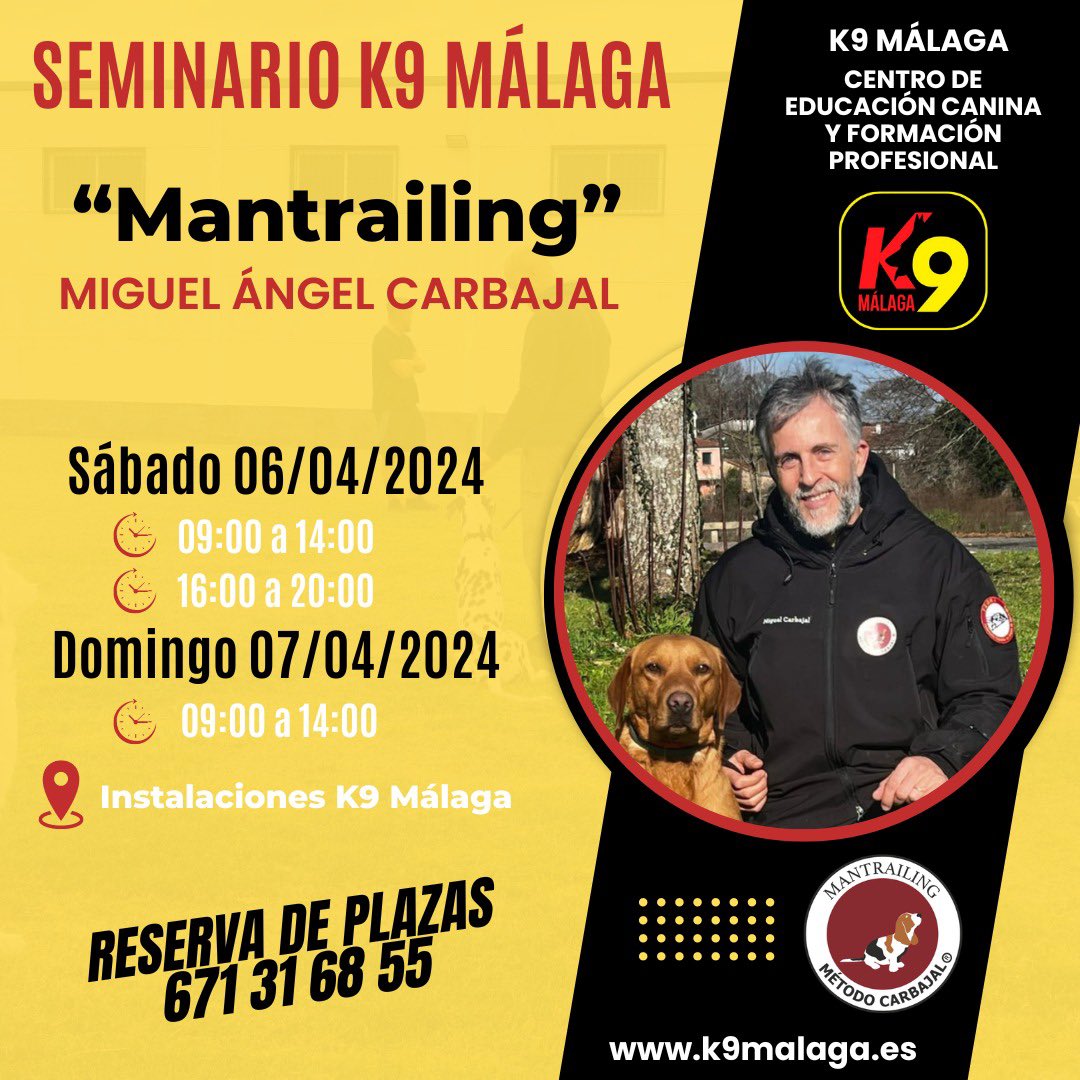 📓 𝐒𝐄𝐌𝐈𝐍𝐀𝐑𝐈𝐎 𝐊𝟗 𝐌𝐀́𝐋𝐀𝐆𝐀 🗣️ Miguel Ángel Carbajal 📓 Mantrailing 📅 6 y 7 Abril 2024 📍Instalaciones K9 Málaga 👋 Abierto a todos los interesados ¡Infórmate llamando al ☎️ 671 31 68 55 o 📥 info@k9malaga.com 🔴 ⚫️🟡 #K9 #AdiestramientoCanino