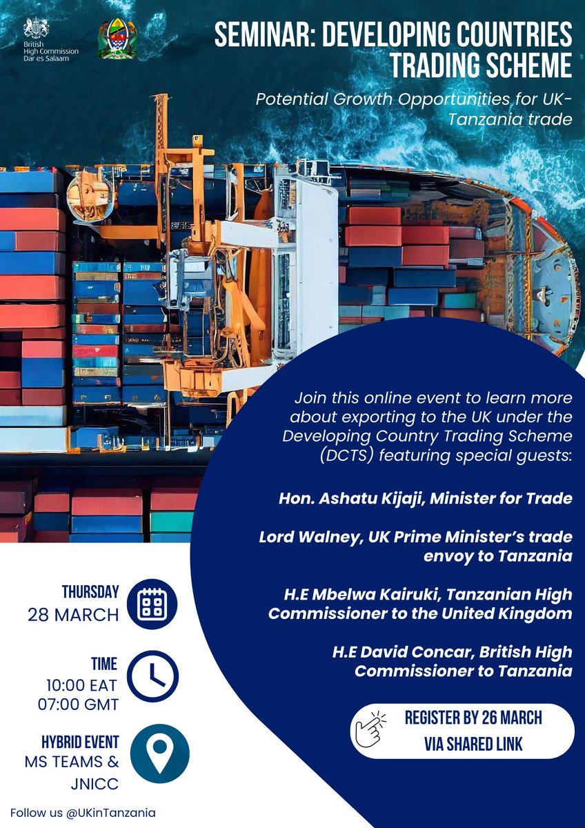 🌍 Join us & @mfa_tanzania for a seminar on the Developing Countries Trading Scheme (DCTS). Discover how the 🇬🇧 is reshaping trade w/ developing nations & driving economic growth! 📈 🗓️28 March ⏲️10:00 EAT 📍Ms Team (Online) & JNICC Register by 26 March👉forms.gle/6DPF9zgVnDL6Wg…