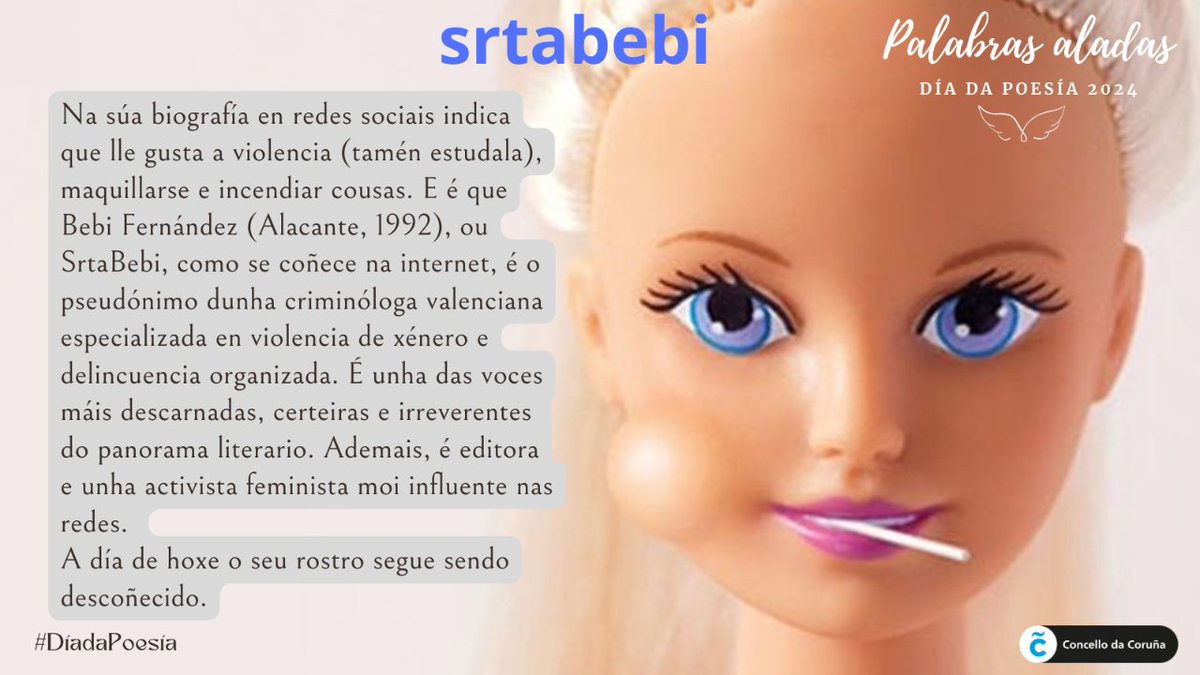bibcoruna's tweet photo. No #DíaDaPoesía continuamos coa campaña #PalabrasAladas, mostrando a variedade e riqueza literaria da poesía contemporánea. Desde a #bsagradaf destacamos a @bebi_fernandez, unha das voces máis descarnadas e irreverentes do panorama literario.
#PoesíaContemporánea #PoesíaEmerxente https://t.co/lBptwBV0CM