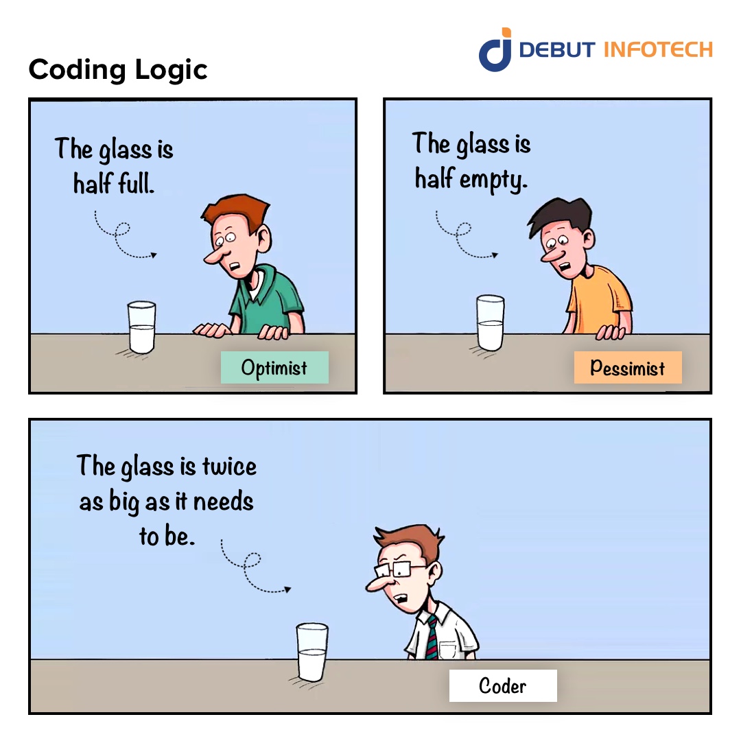 debutinfotech's tweet image. When coders see a glass, they don't debate full or empty, they redesign it for maximum flexibility.

Think outside the glass!

Right #Coders?🤪

#coding #coderslife #developers #lifeofacoder #sarcastic