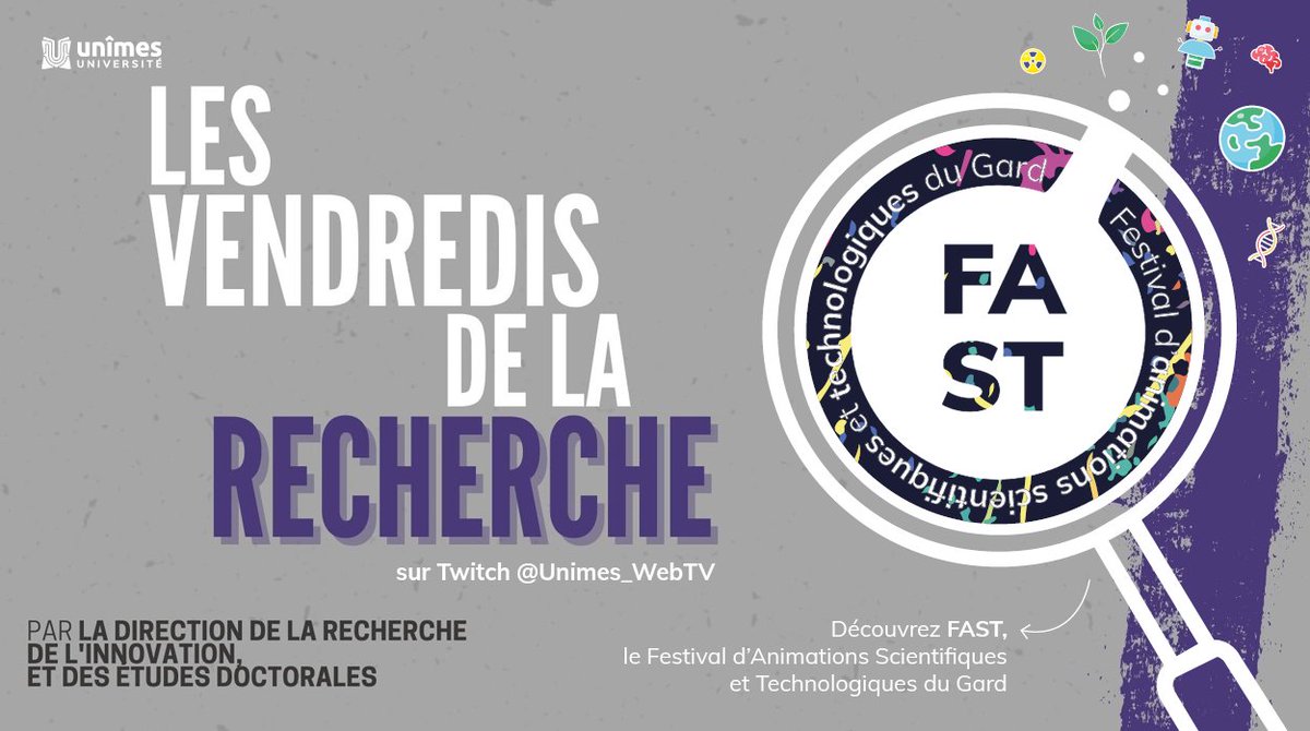 🤩 Le #vendredi c'est #recherche @unimesfr ! 👉 Aujourd'hui à 12h30, retrouvez nous sur #Twitch pour parler du FAST, le festival des animations scientifiques et technologiques du @Gard financé par @Occitanie ! 📽️ En live et replay sur twitch.tv/unimes_webtv