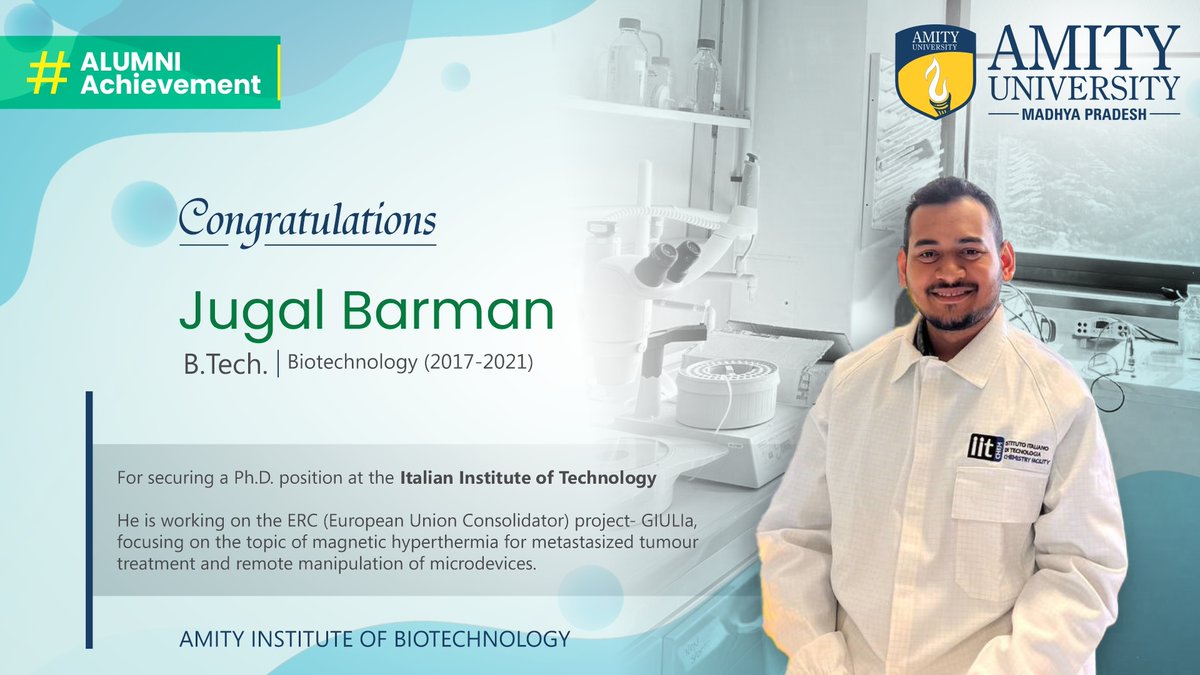 Congratulations to Jugal Barman, Alumni, Amity Institute of Biotechnology (Batch: 2017 - 2021) on his achievement. 

Your success is a testament to your dedication and academic excellence. 
Best wishes for your future endeavours!

#AlumniAchievement #AmityUniversityMadhyaPradesh