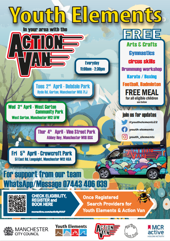 The @youthelements22 ACTION VAN will be out this Easter 🥚 Debdale Park West Gorton Community Park Crowcroft Park @MCCArdwick @MCCGortonAHey Great, free, holiday opportunity for young people to get creative!