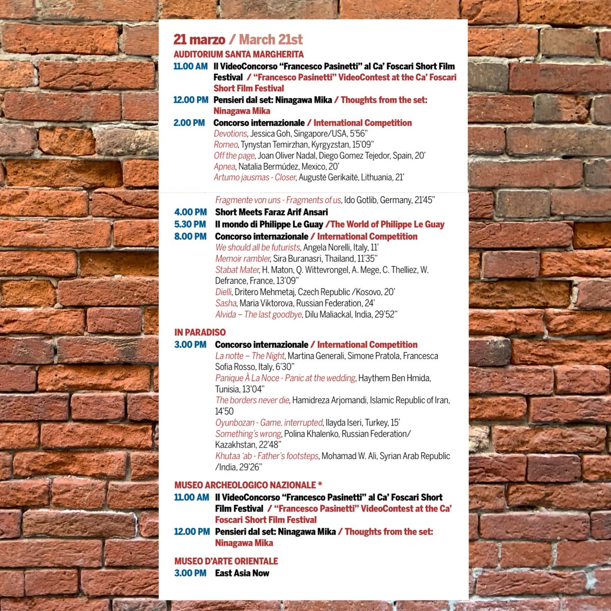 Day 2 of the Ca' Foscari Short Film Festival!
Check out the schedule for today! Come visit us! 
#cafoscarishort #cafoscarishortfilmfestival #cafoscari #shortfilms